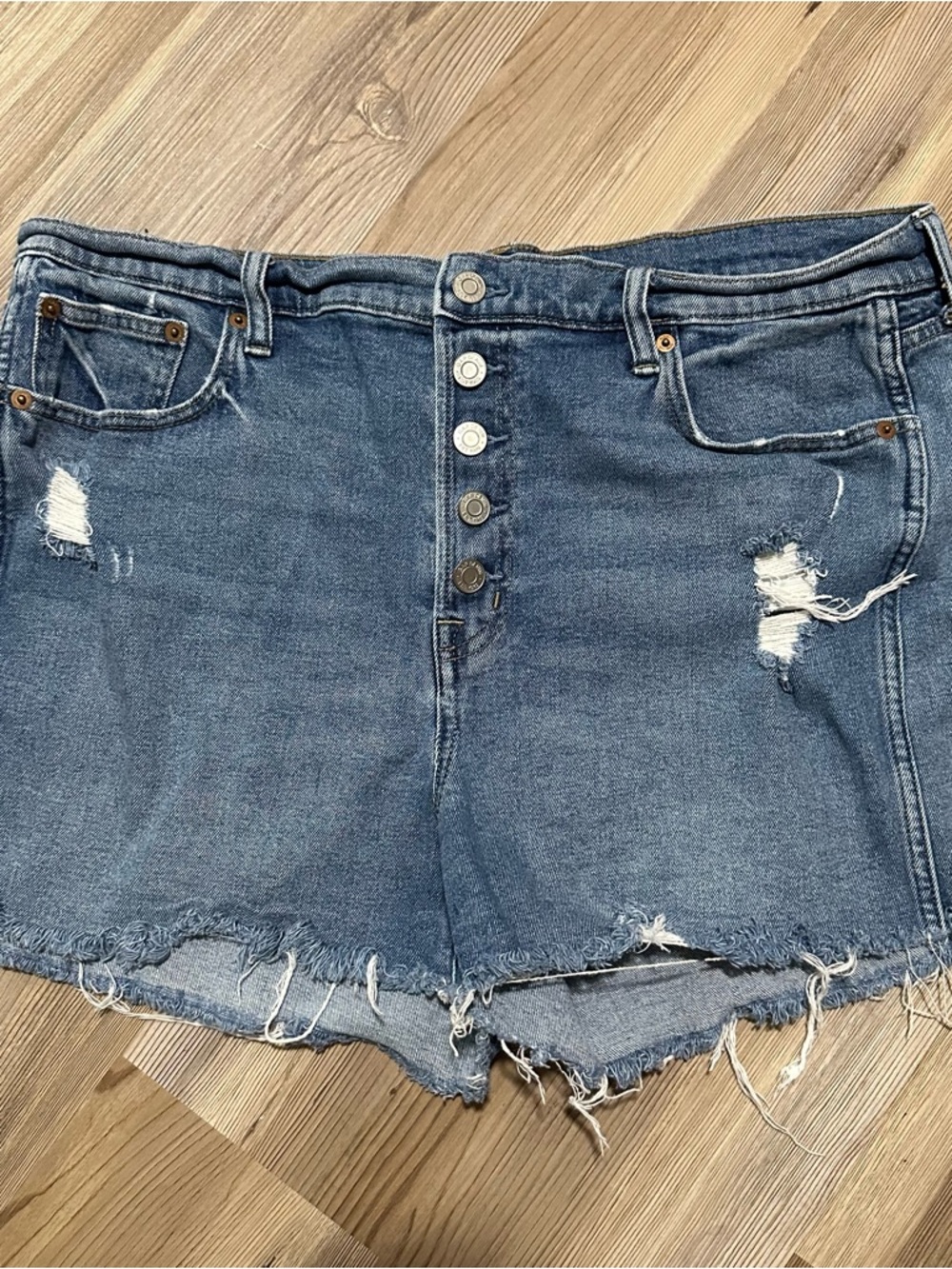 High-Rise Distressed Denim Shorts - Blue